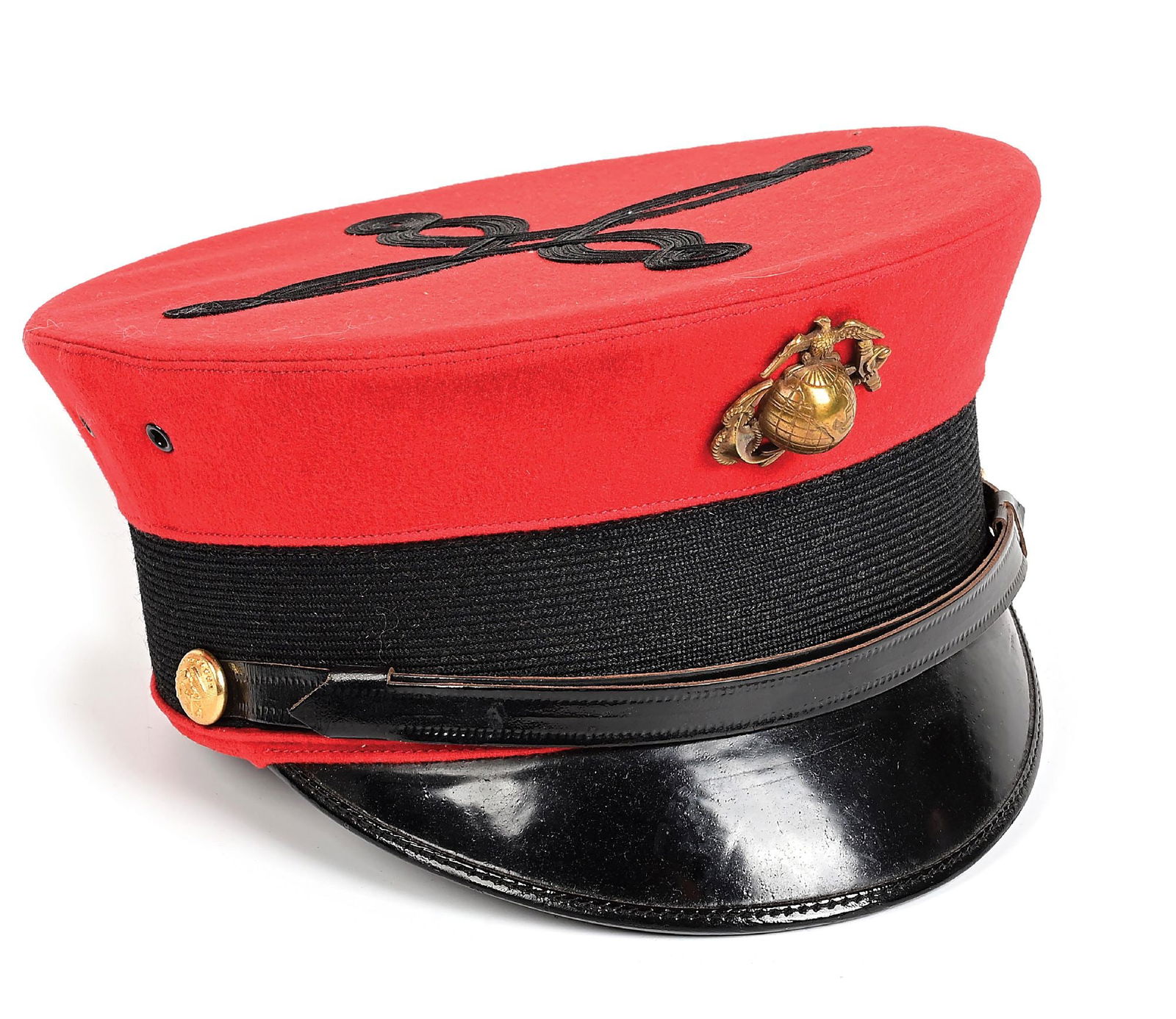 US MARINE CORPS PATTERN 1912 MARINE BAND COVER.: Exceedingly rare, pre-WW1 USMC dress cover for a member of the Marine Band, Washington, D.C. Red wool body with dark blue band and dark blue quatre foil to top of crown. Correct wicker construction, p