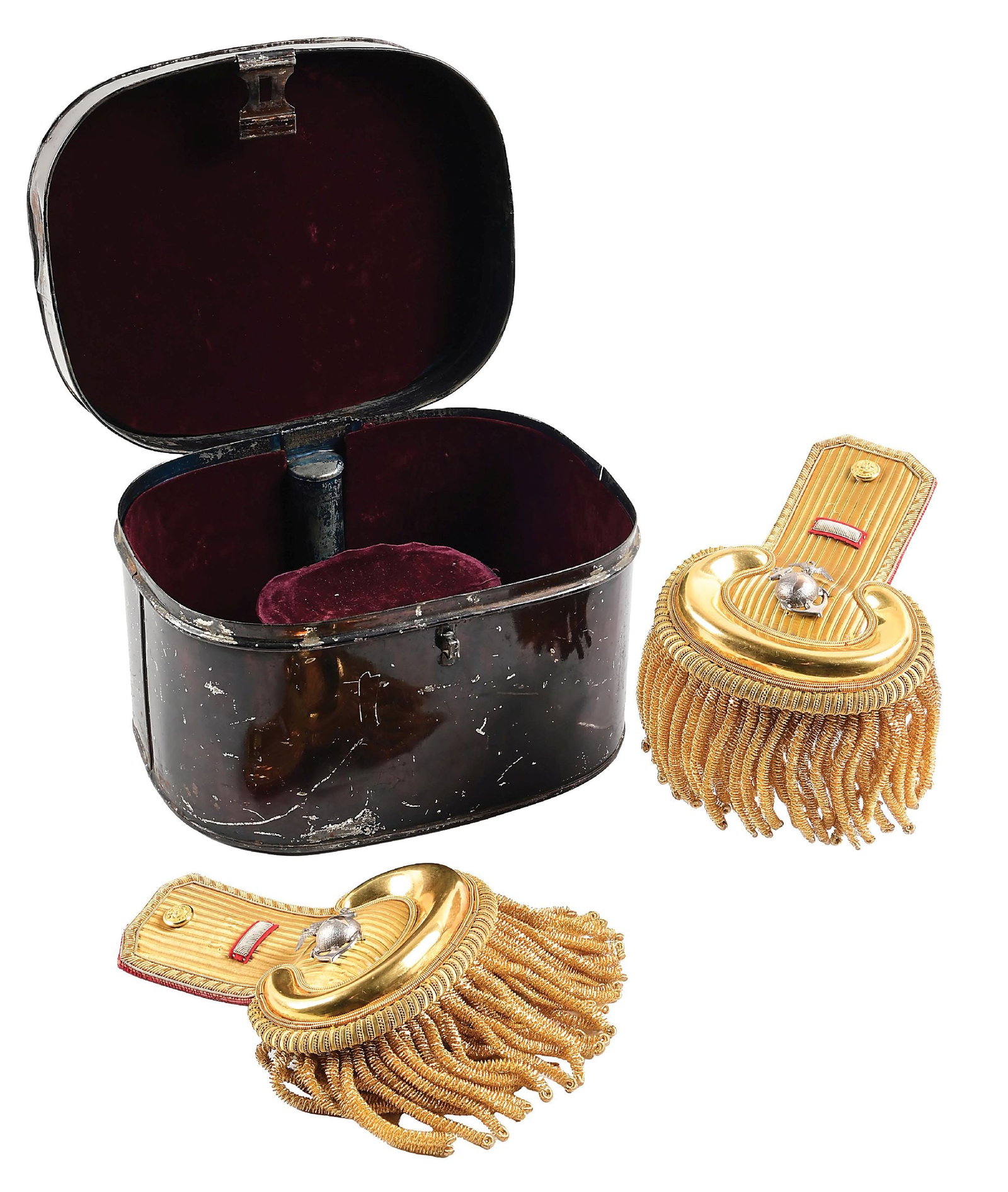 1904-1912 USMC OFFICER FULL DRESS EPAULETTS.: Circa 1898-1910 USMC company grade full dress bullion epaulettes in the original japanned tin carrying case. Finely detailed jeweler made sterling silver and gold EGA Corps devices adorn each epaulett