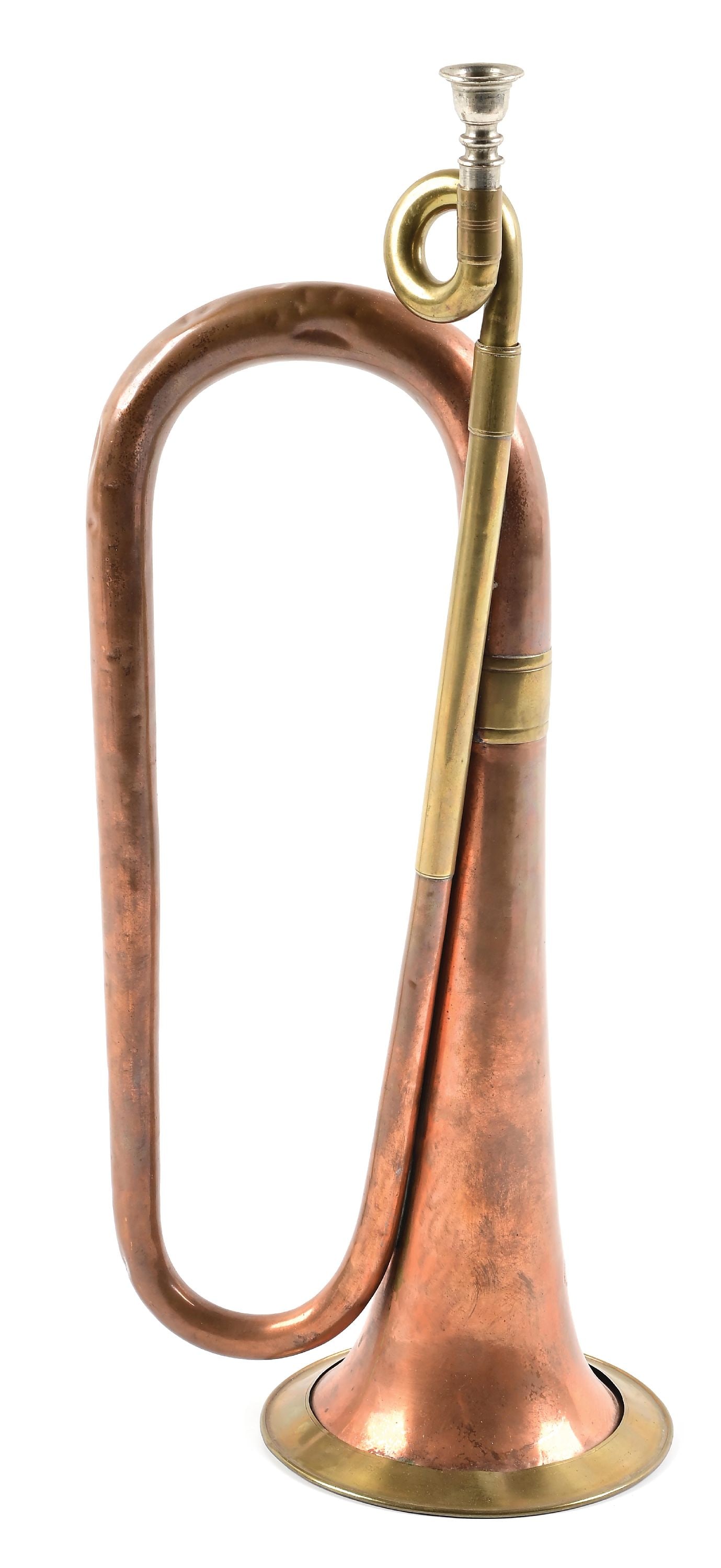 REGULATION CIVIL WAR BRASS AND COPPER BUGLE.: Regulation cavalry/infantry Civil War bugle made in the copper and brass construction with correct and original markings on center of bugle bell just above the floating brass rim by well-known manufac