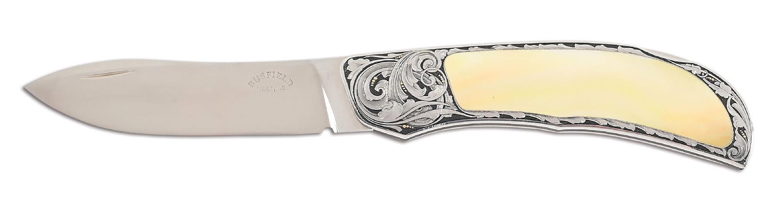 JACK BUSFIELD CUSTOM SOUTH SEAS GOLD LIP PEARL INTERFRAME LOCKBACK KNIFE.: In the 80s and 90s Jack Busfield's knives were the reference standard for inter-frame folders along with those made by Steve Hoel and it's taken a number of years for the rest of the market to catch u