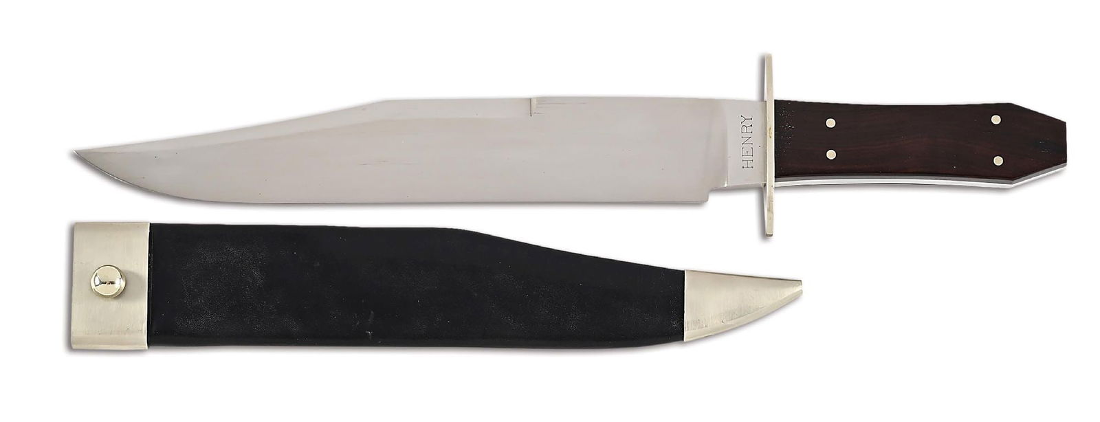 LARGE D.E. HENRY WOOD COFFIN HANDLE BOWIE KNIFE. (1 of 9)