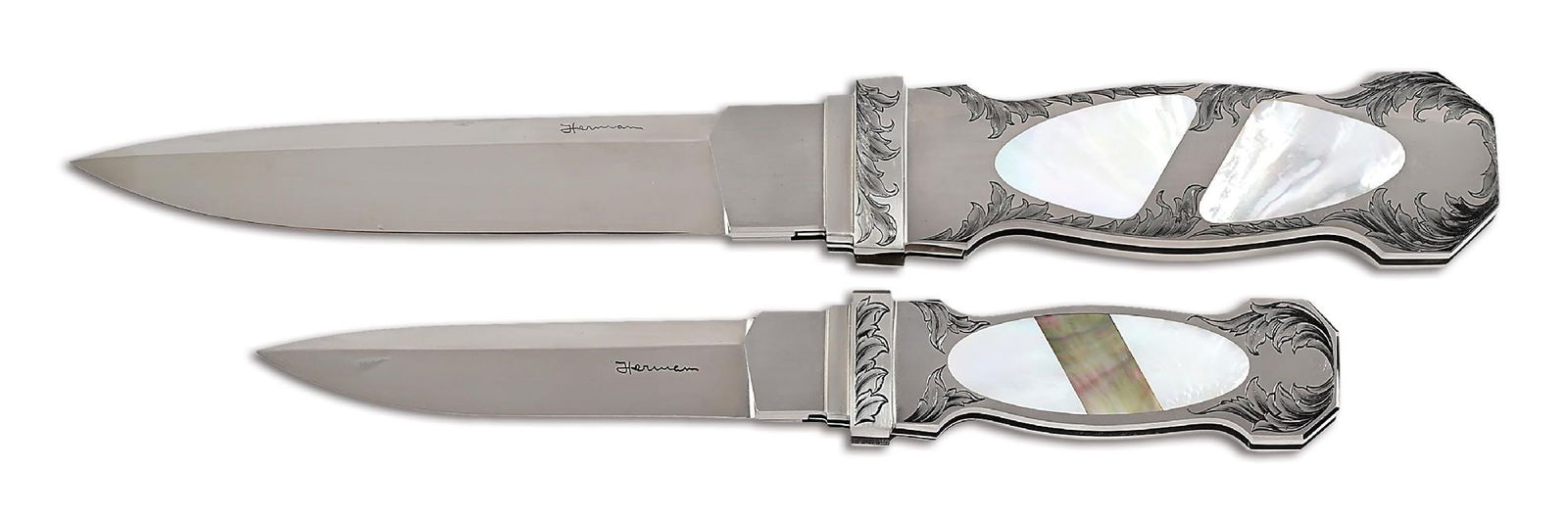 PAIR OF TIM HERMAN CUSTOM ENGRAVED MOTHER OF PEARL LINERLOCK FOLDERS. (1 of 8)