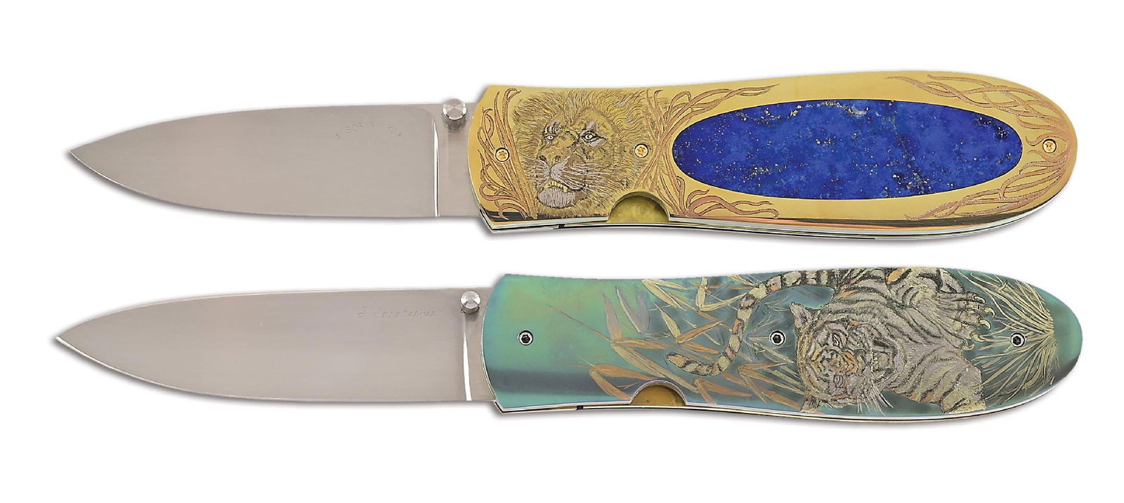 LOT OF 2: JIM SORNBERGER LION LINERLOCK AND TITANIUM TIGER LINERLOCK FOLDER. (1 of 6)