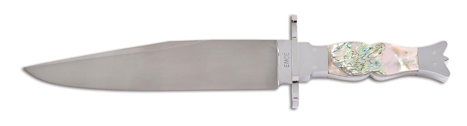JIM ENCE ABALONE HANDLE BOWIE KNIFE.: Custom Bowie knife by Jim Ence that features a clip point blade with satin finish. Marked "ENCE" on obverse ricasso. Finish remains bright with a few light blemishes. Spread pronged stainless crossgua