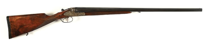 (C) ENGRAVED ADAM SCHURK SIDE BY SIDE 12 GAUGE SHOTGUN.