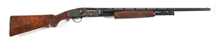 (C) CUSTOM ENGRAVED WINCHESTER MODEL 42 SLIDE ACTION SHOTGUN.