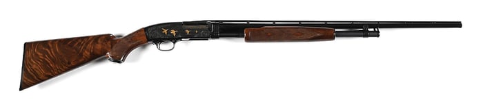 (M) ENRGAVED GRADE V BROWNING MODEL 42 .410 BORE SLIDE ACTION SHOTGUN.