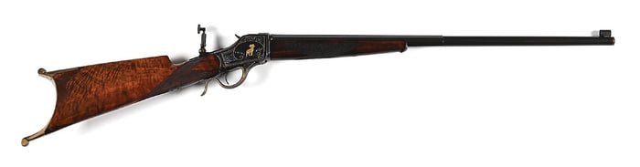 (A) ENGRAVED DELUXE WINCHESTER MODEL 1885 HIGH WALL SINGLE SHOT RIFLE IN .22 SAVAGE HIGH POWER.