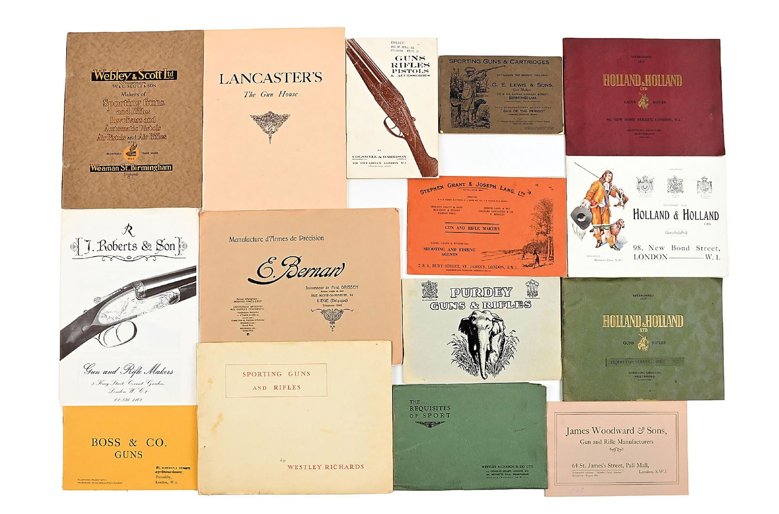 LOT OF FIFTEEN VINTAGE EUROPEAN HIGH END FIREARMS CATALOGS: Most appear to be from the 1930-50s and feature high end shotguns and double rifles. Lot includes three Holland & Holland catalogs, Purdey, two Westley Richards, E. Bernard, James Woodward & Sons, Lan