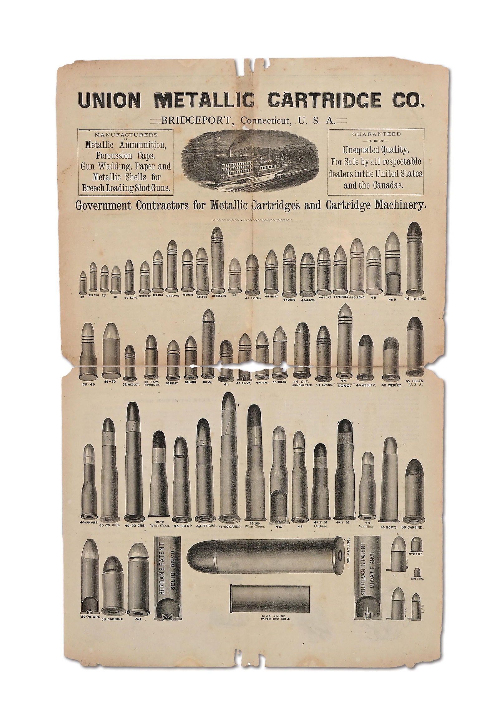 UNION METALIC CARTRIDGE CO. ADVERTISEMENT.: Printed in the 1870s for the Union Metallic Cartridge Co. of Bridgeport, Connecticut. Front has depictions of the wide variety of centerfire, rimfire, and pinfire ammunition available from UMC ranging