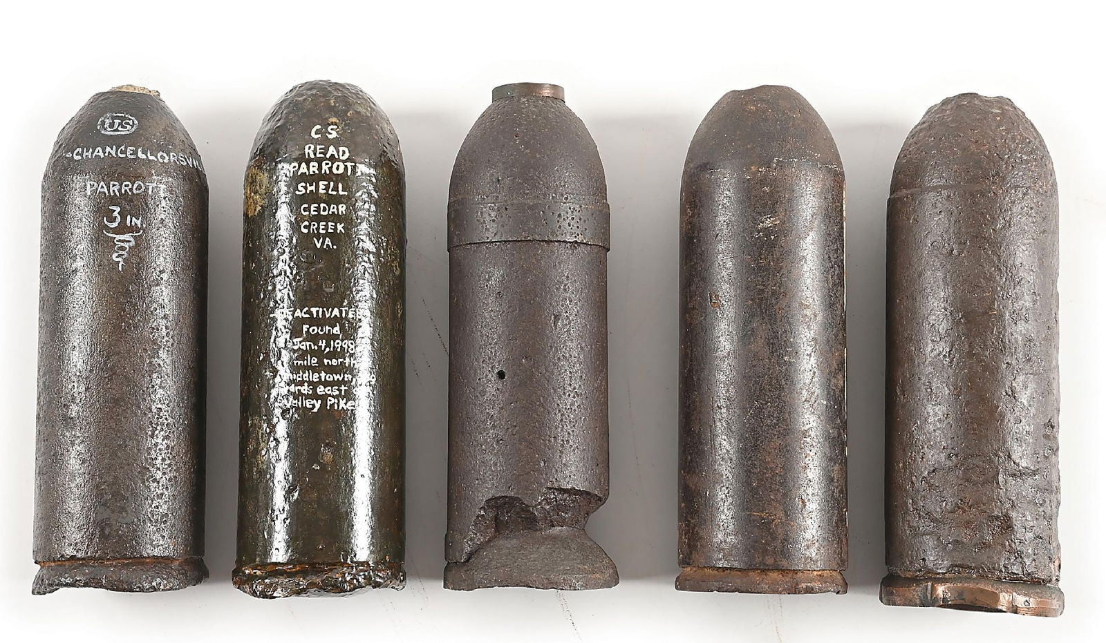 LOT OF 5: CIVIL WAR US AND CS 10 POUND PARROTT SHELLS. (1 of 3)