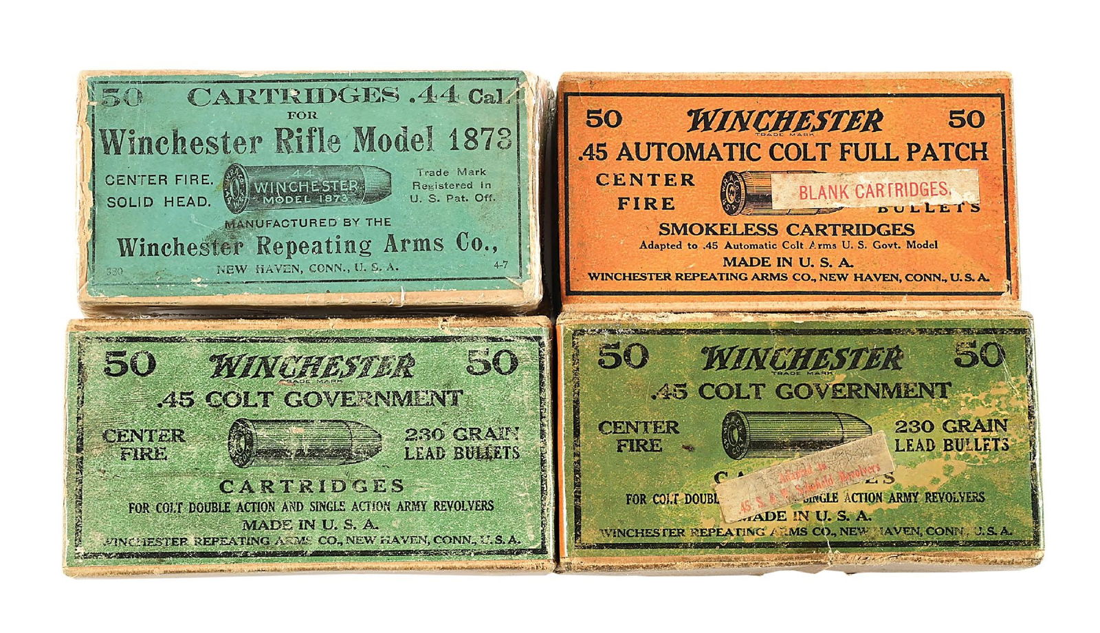 LOT OF 4 VINTAGE TWO PIECE WINCHESTER REAPEATING ARMS CARTRIDGE AMMUNITION BOXES. (1 of 7)