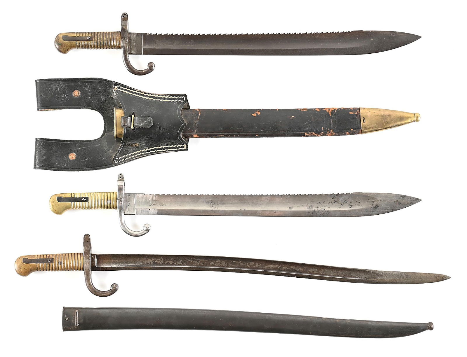 LOT OF 3: TWO M1868 TERSSEN RIFLE PIONEER SAWBACK BAYONETS AND ONE CARBINE BAYONET. (1 of 4)
