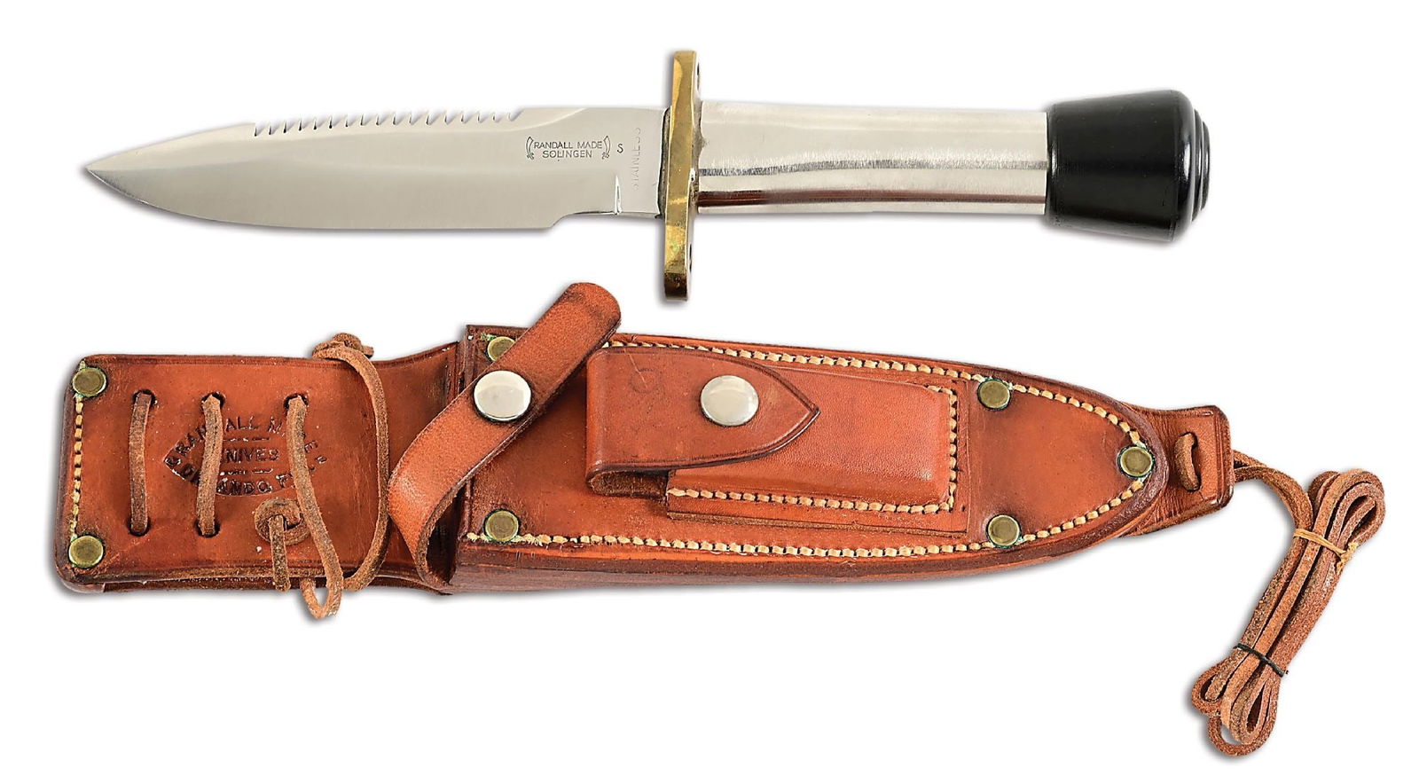 RANDALL MODEL 18 ATTACK SURVIVAL WITH SOLIGEN MARKED BLADE AND CRUTCH TIP.: Circa 1960s-early 1970s Randall Model 18 Attack Survival knife with a stainless steel sawback blade marked "RANDALL MADE / SOLINGEN." between Randall's signature scimitars with separate "S". Ricasso i