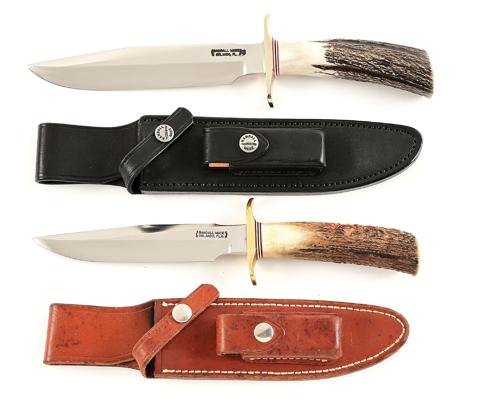 LOT OF 2: RANDALL MODEL 1-6 AND 1-7 FIGHTING KNIVES.: Lot consists of: (A) Randall Model 1-7 with clip point blade marked "RANDALL MADE / ORLANDO, FL" between Randall's signature scimitars with separate "S" denoting stainless steel construction. Blade is