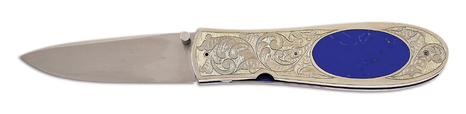 JIM SORNBERGER BLUE LAPIS LAZULI FOLDER.: Jim Sornberger linerlock folder that features a ATS-34 stainless steel blade marked "J. SORNBERGER / VOLCANO CA" on obverse side. Titanium and color anodized liners and backspacer. Nickel silver sidep
