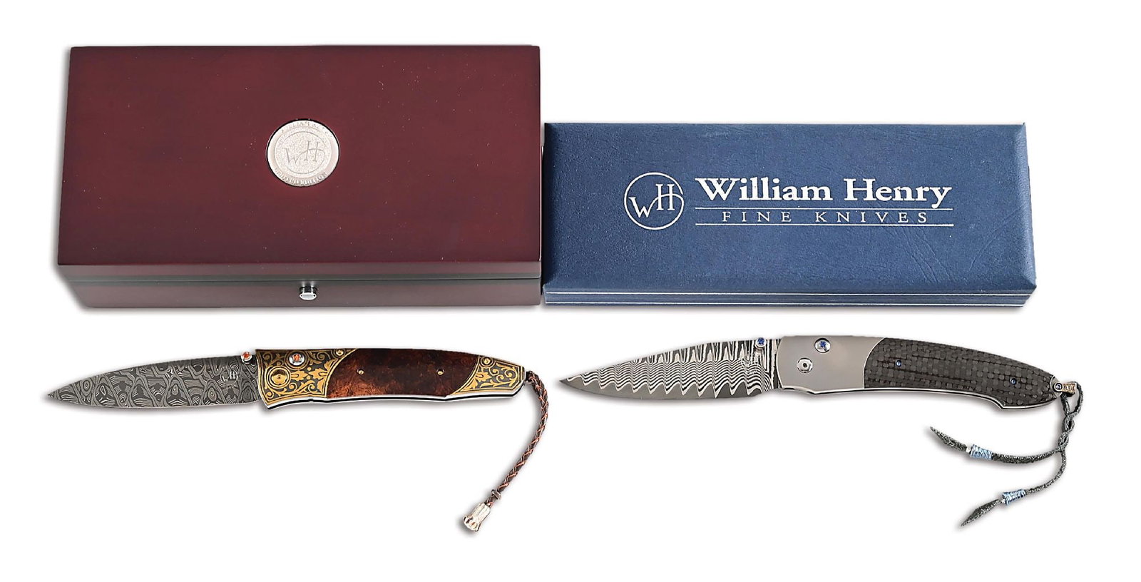 LOT OF 2: WILLIAM HENRY B30 RED RIVER AND B15 ATTACHE FOLDING KNIVES.: Lot consists of: (A) William Henry B30 Red River button lock folding knife that features a Mike Norris stainless "hornets nest" Damascus blade with a spessartite thumb stud and button. The blade measu