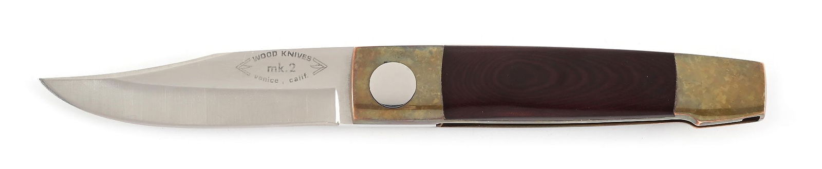 BARRY WOOD MK.2 SPECIAL BERYLLIUM SWING HUNTER.: Satin finished clip point blade marked "WOOD KNIVES / mk.2 / Venice. Calif." on obverse cheek and "U.S. PAT. 3702501" on reverse cheek. Beryllium copper frame with maroon linen micarta scales. Numbere