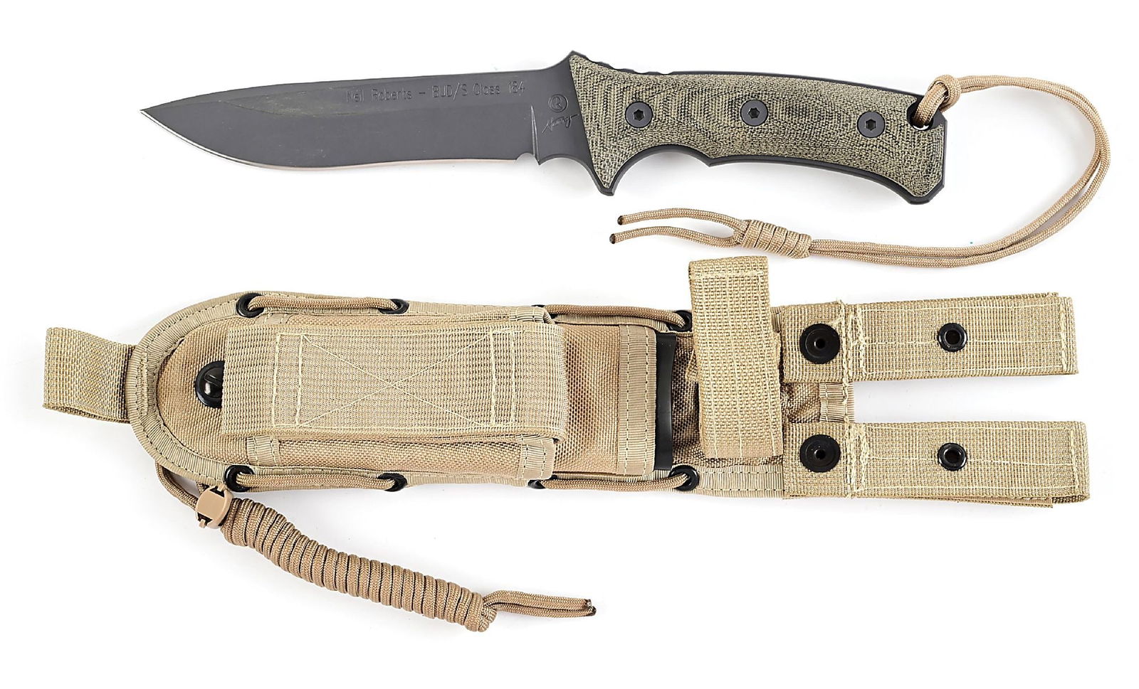 CHRIS REEVE AND WILLIAM HARSEY NEIL ROBERTS WARRIOR KNIFE.: Matte black S30V stainless steel drop point blade marked "Neil Roberts-BYD/S Class 184" on obverse side with Chris Reeve and William Harsey markings on each side of the ricasso. Full tang and notched