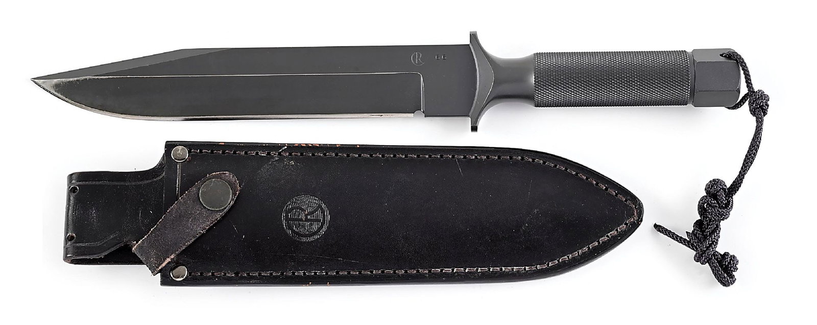 CHRIS REEVE JEROBOAM II.: Matte finish stainless steel clip point blade marked by Chris Reeve and numbered "66" on the obverse ricasso and "SOUTH AFRICA" on the reverse ricasso. Some finish loss toward the tip. Knurled stainle
