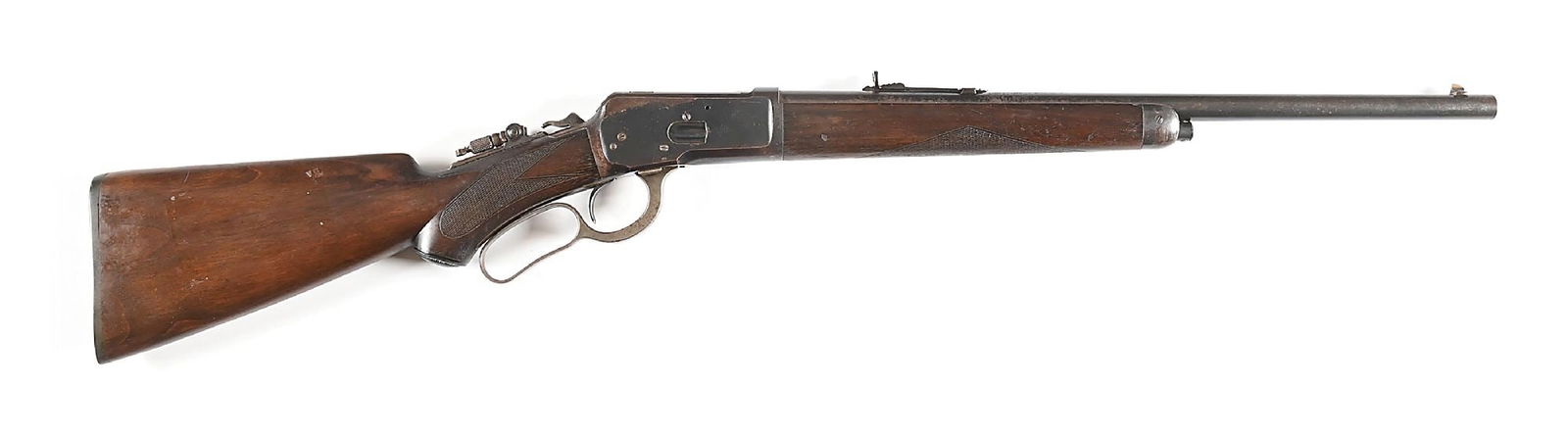(C) SEMI-DELUXE WINCHESTER MODEL 1892 LEVER ACTION SHORT RIFLE.: Manufactured 1907. Round barrel cut back to 20" short rifle configuration. Blade front sight with blank installed in rear sight seat, a folding Marbles sight mounted to the tang. Custom checkered pist