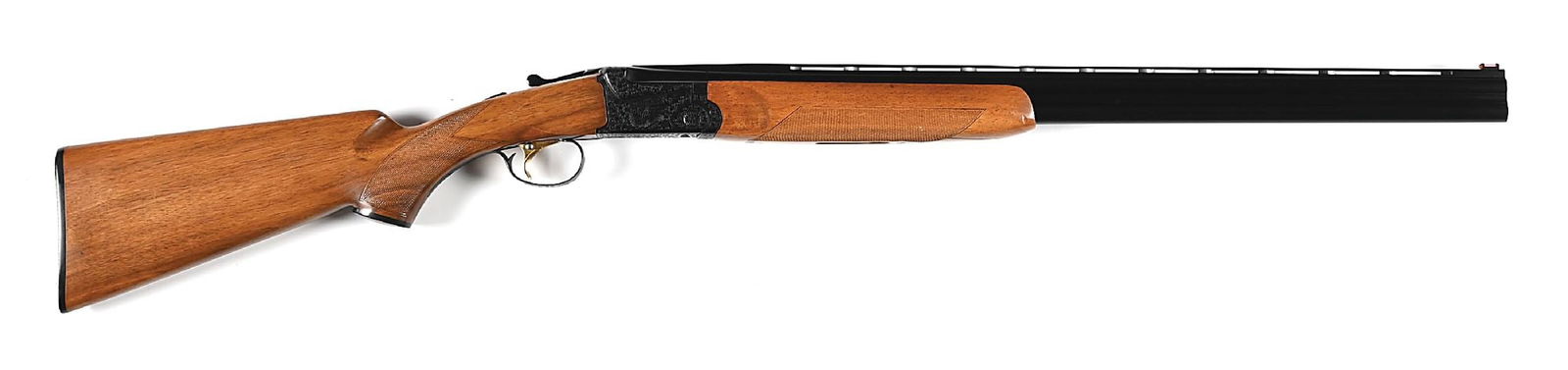 (M) ITHACA MODEL 500 OVER UNDER 20 BORE SHOTGUN.: Manufactured in Japan by SKB for Ithaca. Finished in matte blue with gamebird and scroll engraved receiver. Barrel sports a ventilated rib with hi-vis sight. Automatic ejectors. Gold washed single sel