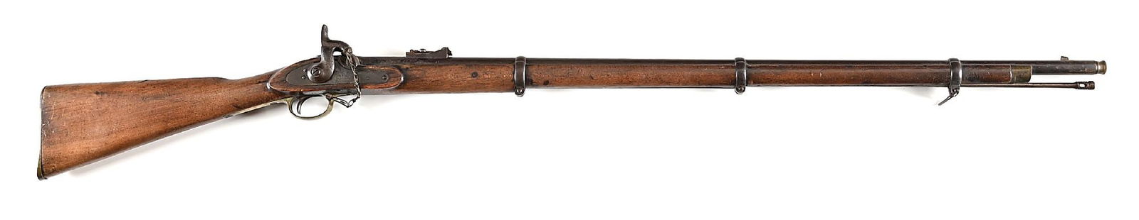 (A) P1853 ENFIELD PERCUSSION RIFLED MUSKET.: Manufactured by E.P. Bond in London in standard configuration throughout. Lock is marked with "E.P Bond / London" and left side of breech is marked with London proof and view markings. Left flat of st
