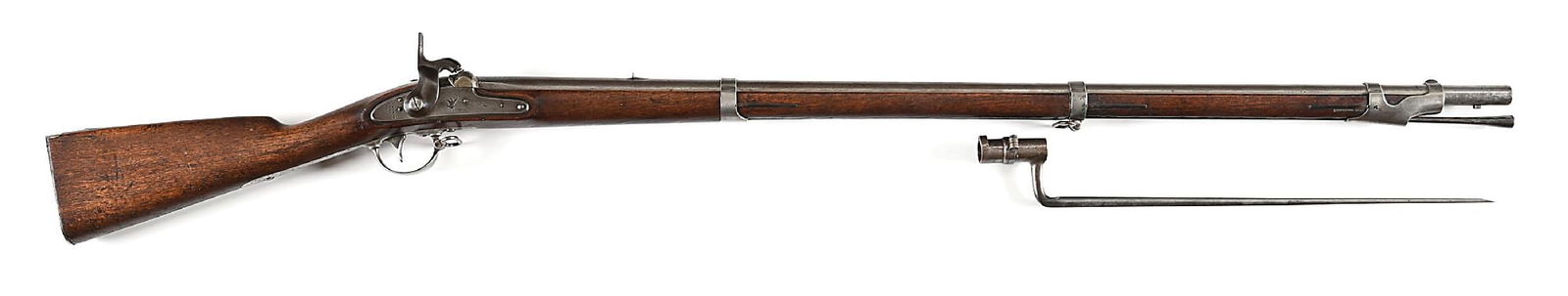 (A) HARPERS FERRY US MODEL 1842 PERCUSSION MUSKET WITH BAYONET.: Produced from 1844 through 1855 at the Harpers Ferry arsenal. This example is dated 1851 with makers legend, US and eagle stamped on lock. Tang is also dated 1851 and barrel breech shows the eagle hea