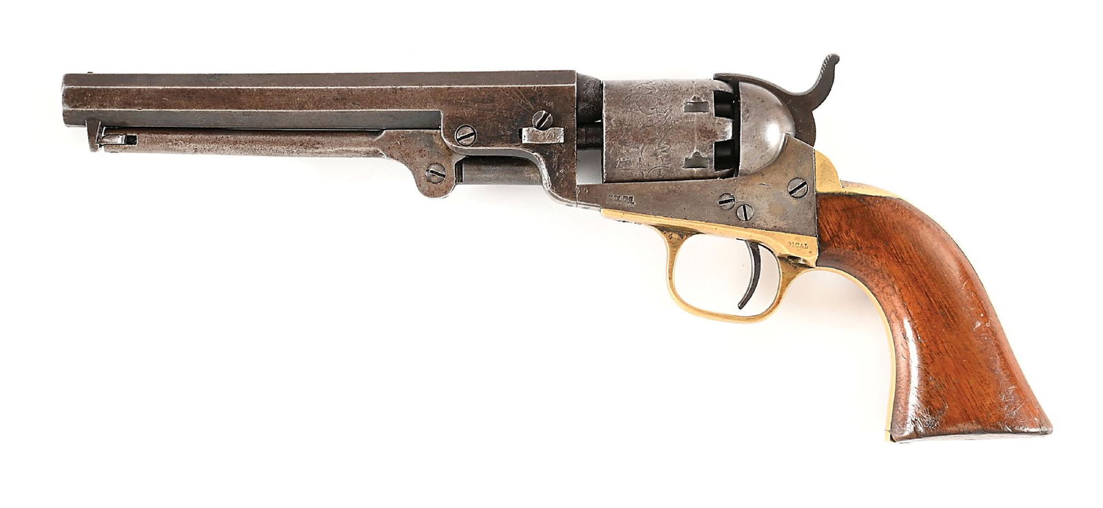 (A) COLT MODEL 1849 POCKET PERCUSSION REVOLVER.: Dates to 1864. This standard late war gun features the octagon barrel with one line Colt New York barrel address. The cylinder features the standard roll die stage coach scene. The trigger guard and b