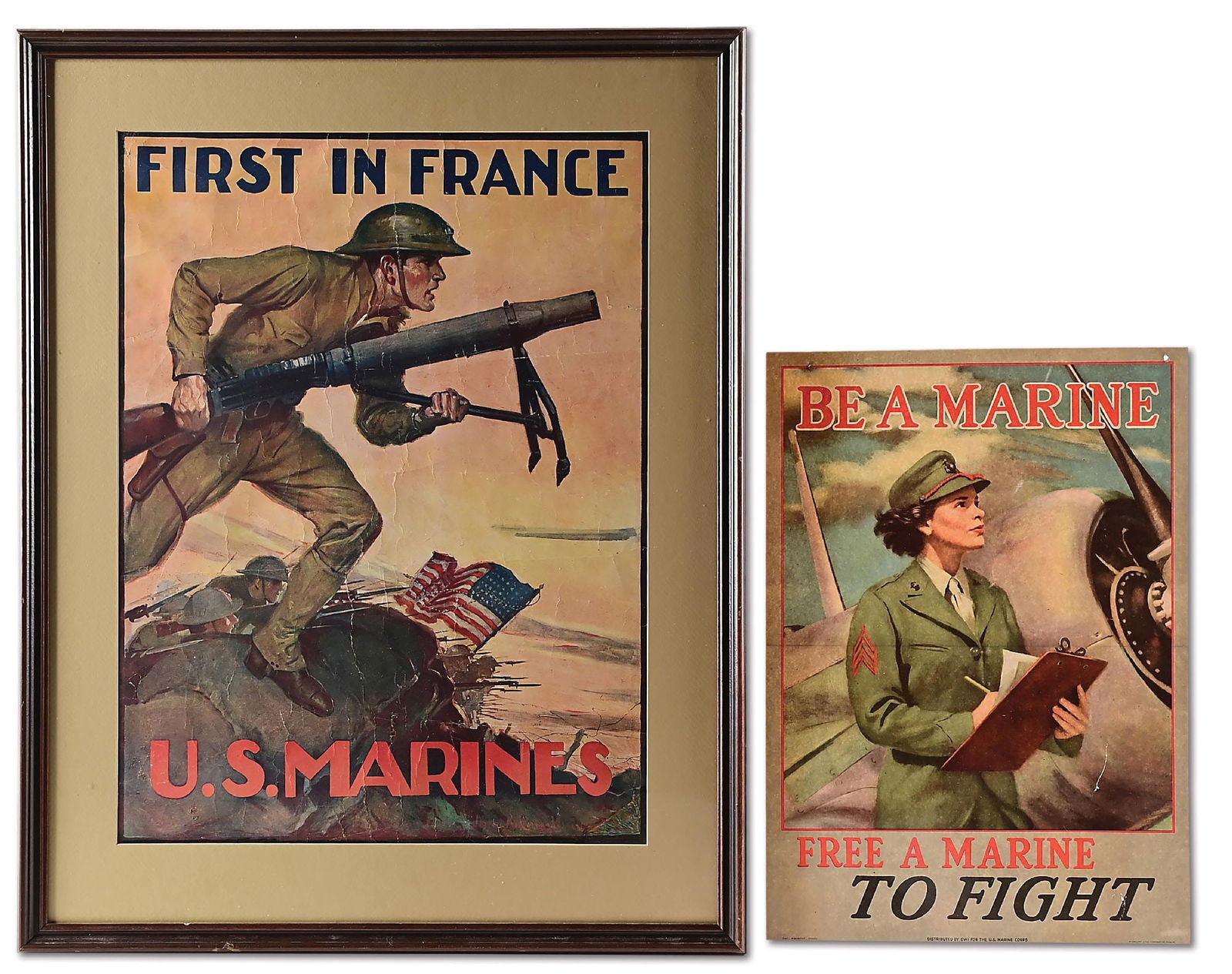 LOT OF 2: US MARINE CORPS WWI AND WWII RECRUITMENT POSTERS. (1 of 2)