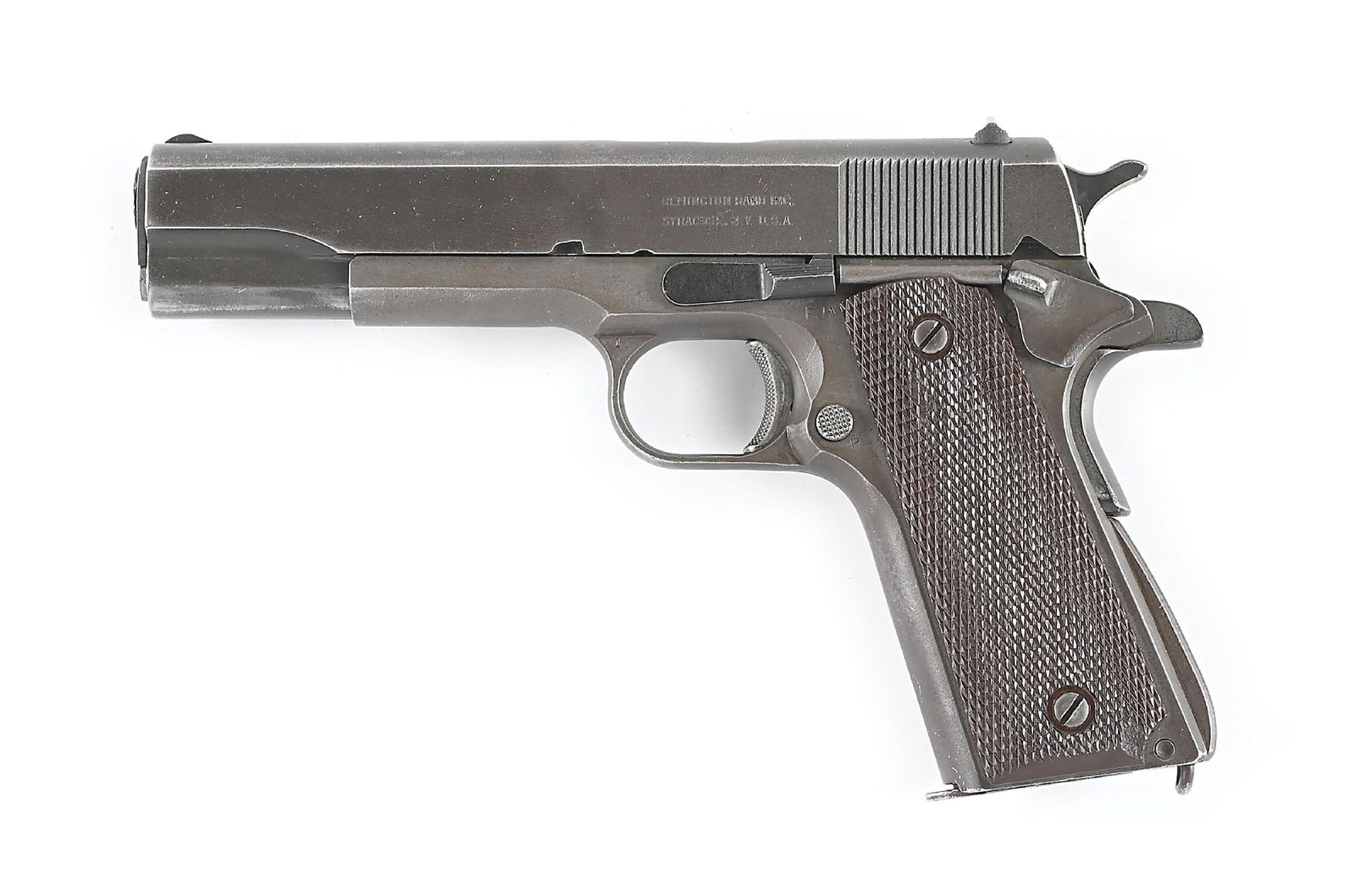 (C) REMINGTON RAND M1911A1 SEMI-AUTOMATIC PISTOL, RIA REBUILD (1943).: Circa 1943 per serial number. Serrated slope front sight, square notch flat top rear sight, left side of slide with Remington Rand legend. Barrel has "HS" on right lug and a horizontal "H" on left lug