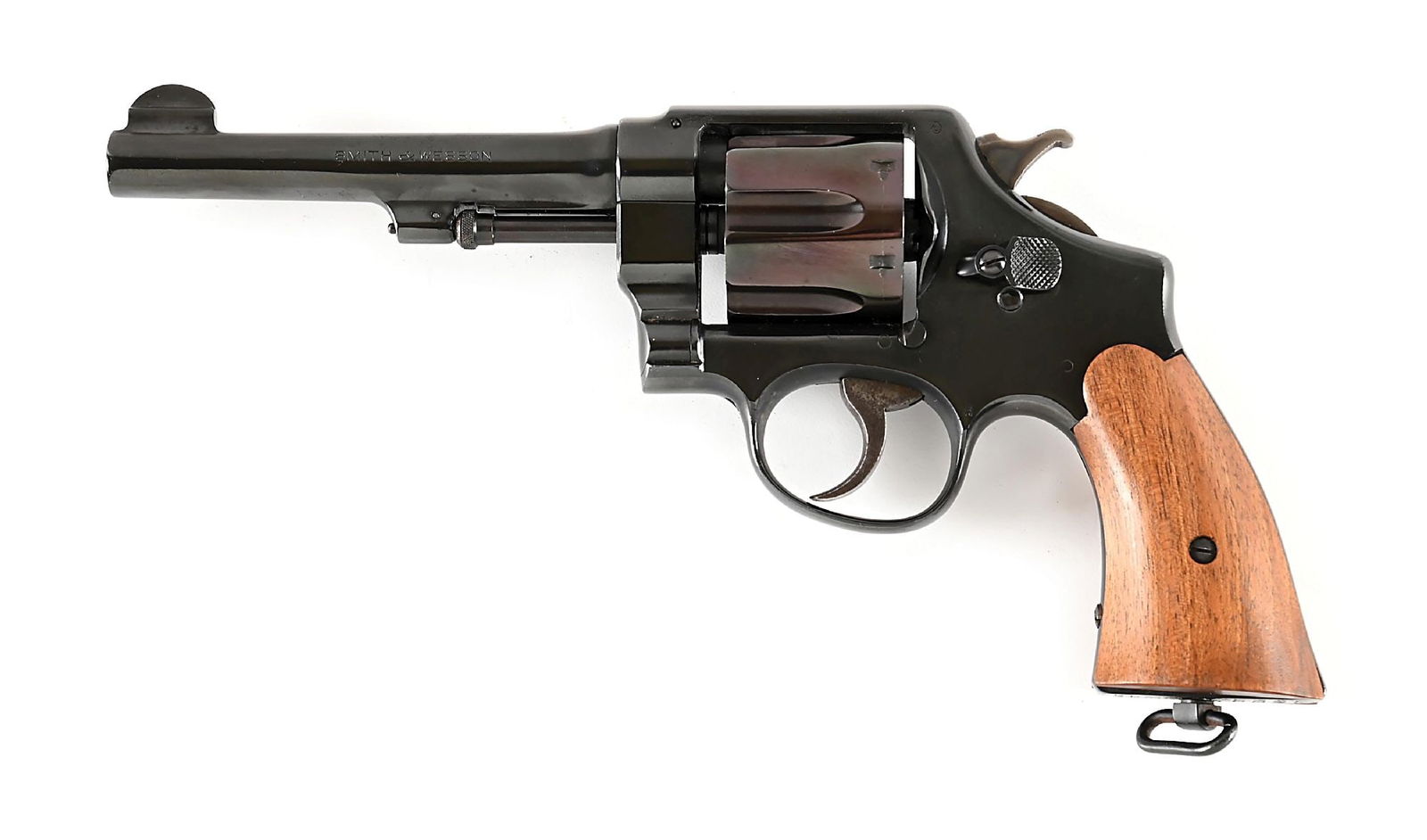 (C) SMITH & WESSON MODEL 1917 US ARMY DOUBLE ACTION REVOLVER.: This late WWI government issued revolver features the bomb and eagle head proof on left side of frame. The cylinder is stamped number "107826" with eagle head. The replaced barrel is not stamped "UNIT