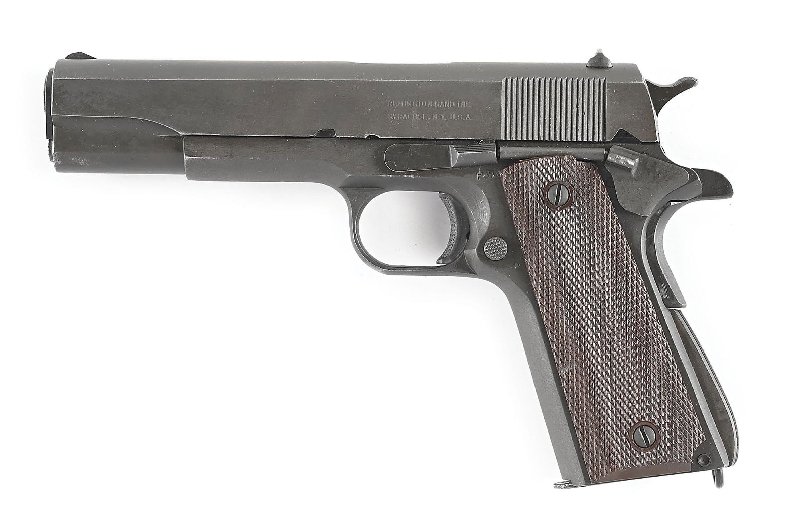 (C) REMINGTON RAND 1911A1 .45 ACP SEMI-AUTOMATIC PISTOL.: Circa 1944 per serial number. Serrated slope front sight, square notch flat top rear sight, "P" proof ahead of rear sight, left side with Remington Rand legend. Barrel with "HS" on left lug. Narrow ch