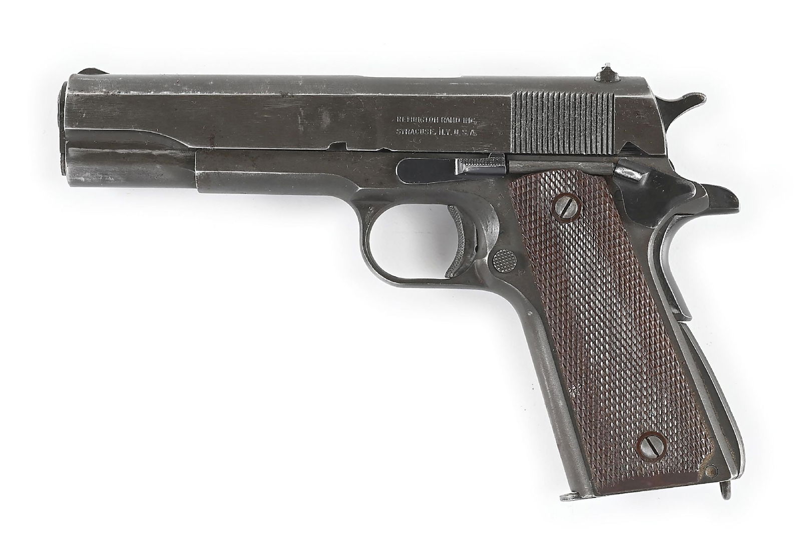 (C) IDENTIFIED REMINGTON RAND 1911A1 .45 ACP SEMI-AUTOMATIC PISTOL WITH HOLSTER AND FIELD MANUAL.: Dates to 1943. Standard WWII government issue. Standard wartime dark phosphate parkerized finish with the short checkered trigger, bevel edge square notch rear sight, serrated arched main spring housi