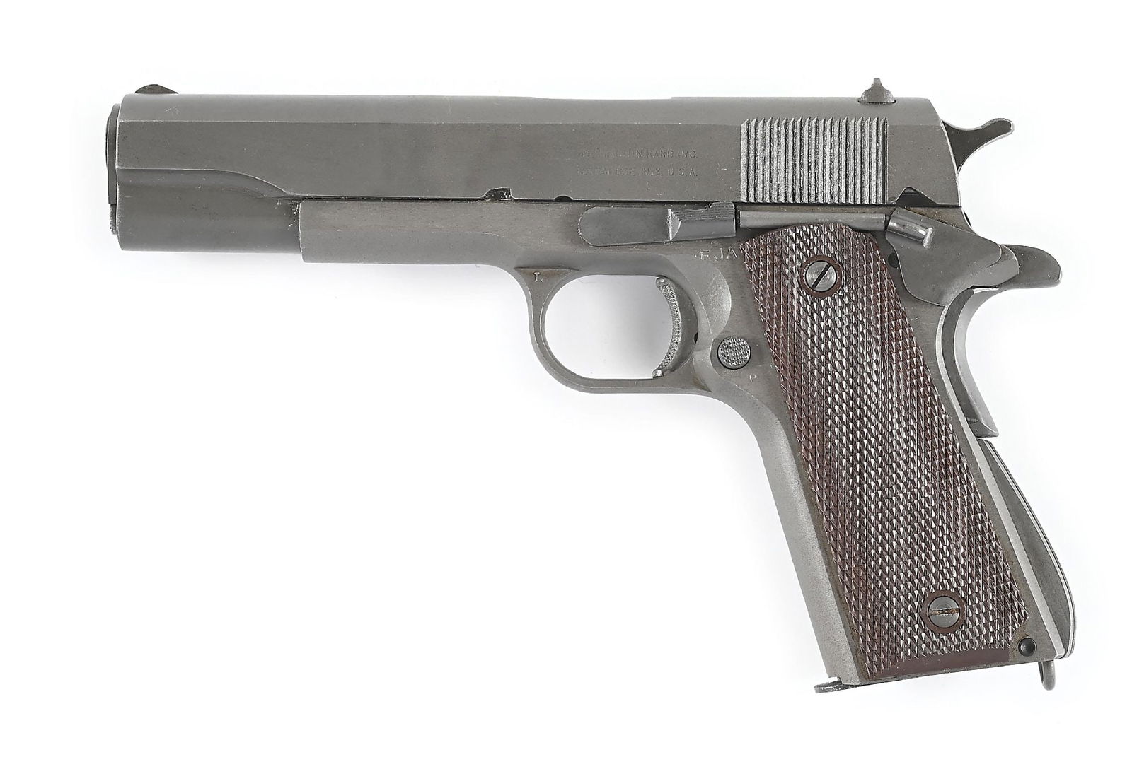 (C) REMINGTON RAND M1911A1 SEMI-AUTOMATIC PISTOL (1945).: Circa 1945 per serial number. Serrated slope front sight, square notch flat top rear sight, left side of slide with Remington Rand legend. Barrel with "P" on left lug, "HS" on right. Frame with US pro