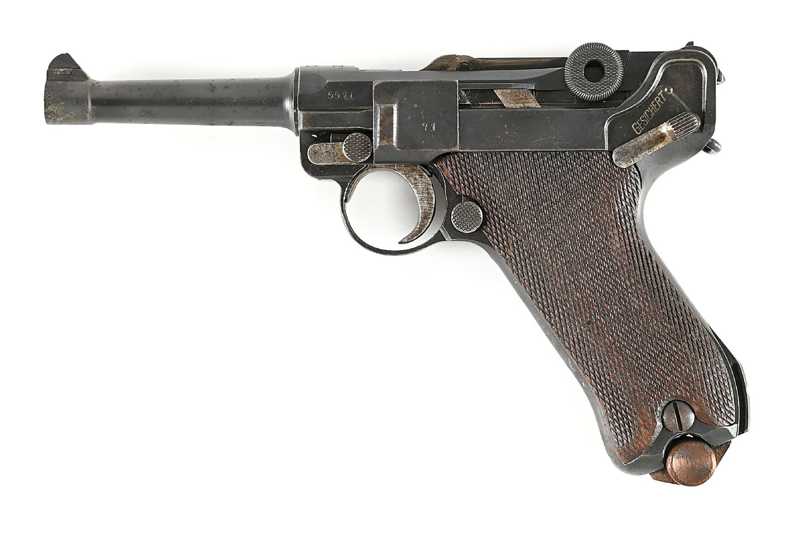 (C) DOUBLE DATE DWM P.08 LUGER SEMI AUTOMATIC PISTOL.: DWM in script on the front toggle link. 1920 and 1921 property marks on the top of the chamber. The hold open device is missing. It has some mismatched numbers. The magazine has been numbered to match