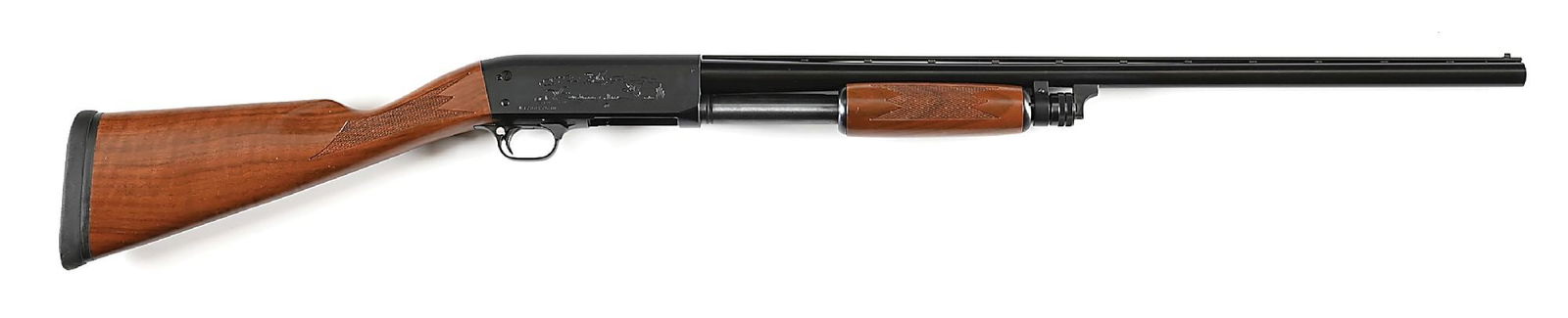 (C) ITHACA MODEL 37 16 GAUGE SLIDE ACTION SHOTGUN.: Dates to 1969. This take down features the full vent rib, dual white bead sights, blue finish, lightly engraved frame, checkered walnut stock with English style straight grip, Kick EEZ black pad, and