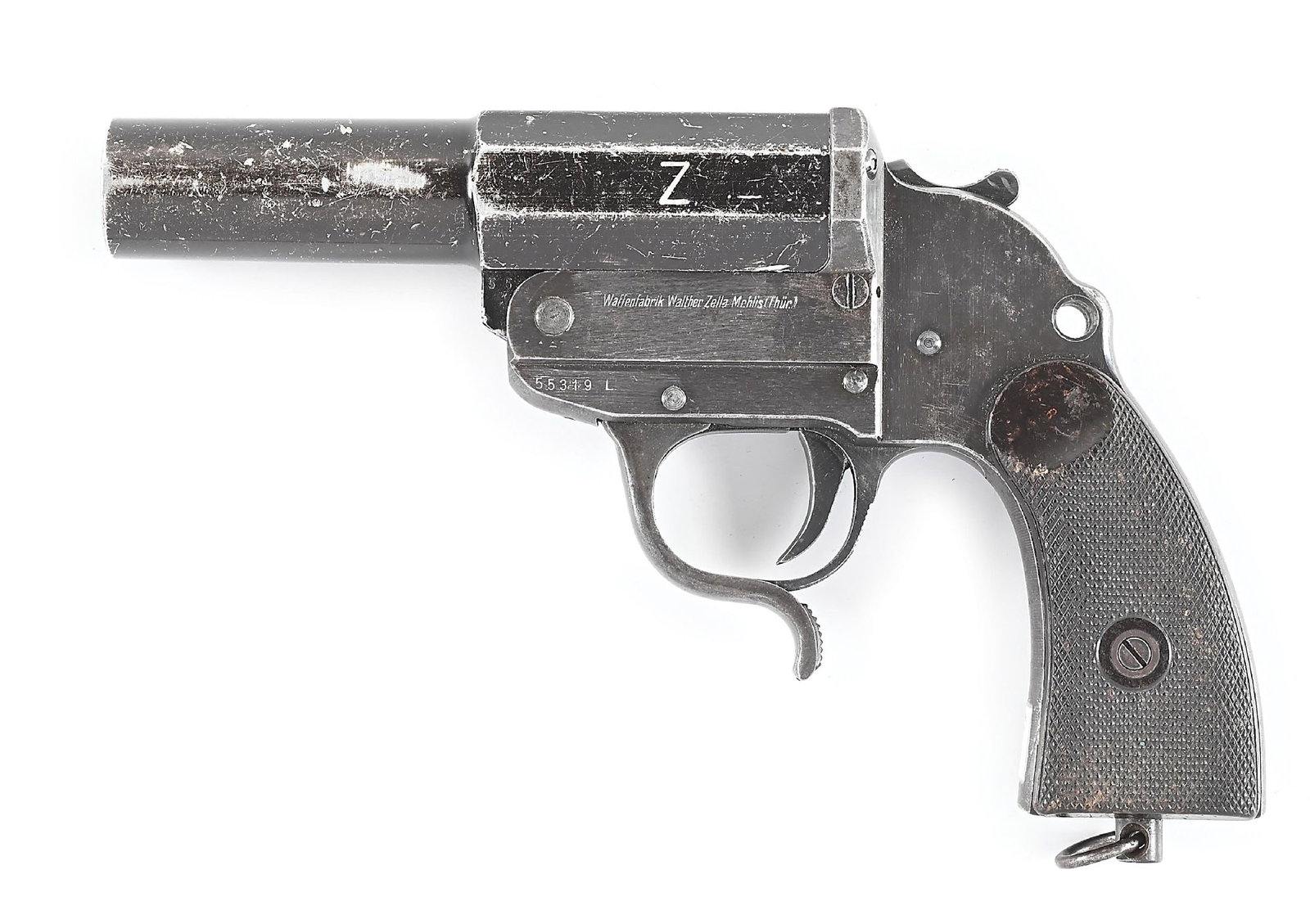 SCARCE WALTHER "Z" MODEL LP34 KAMPFPISTOLE FLARE GUN.: Based on the LP34 flare pistol, the Kampfpistole which was introduced in 1939 features a rifled barrel for use with various rifle grenades as well as flare rounds. As is standard for these models a la