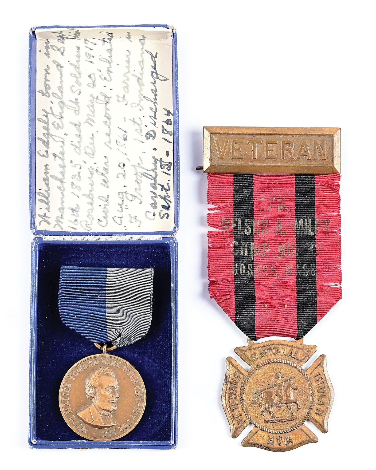 US CIVIL WAR UNION CAMPAIGN MEDAL AND INDIAN WARS VETERAN MEDAL.: Lot consists of: A) Boxed Civil War Campaign medal as issued by the Philadelphia Quartermaster Depot. Rim numbered "916". Handwritten inked card inside the lid reads: "William Edgely, born in Manchest