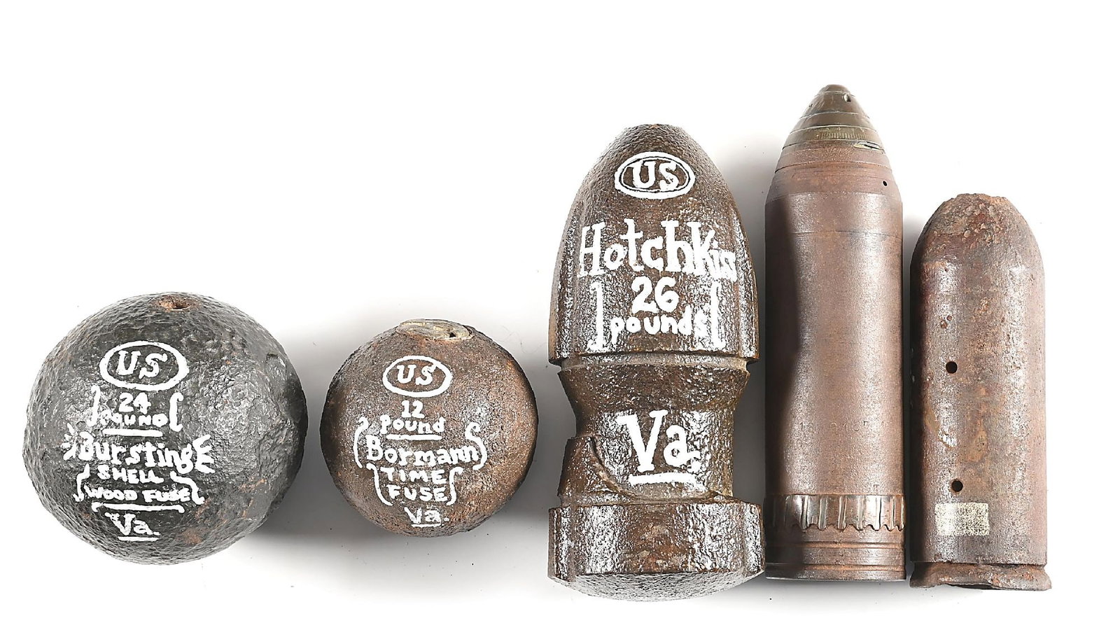 LOT OF 5: CIVIL WAR ERA ARTILLERY SHELLS.: Lot consists of: (A) 26 pound Hotchkiss shell with painted Va. dig location. (B) 10 pound parrott shell with painted Va. dig location. (C) 24 pound bursting shell with VA. dig location. (D) 12 pound r