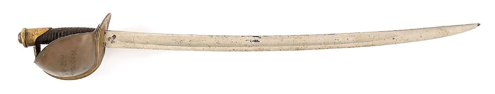 US MODEL 1860 NAVAL CUTLASS WITH USS KEARSARGE ENGRAVING ON GUARD.: Launched from Portsmouth, NH on September 11, 1861 and commissioned January 24th, 1862 under command of Captain Charles W. Pickering and later Captain John Winslow, the U.S.S. Kearsarge sloop-of-war i