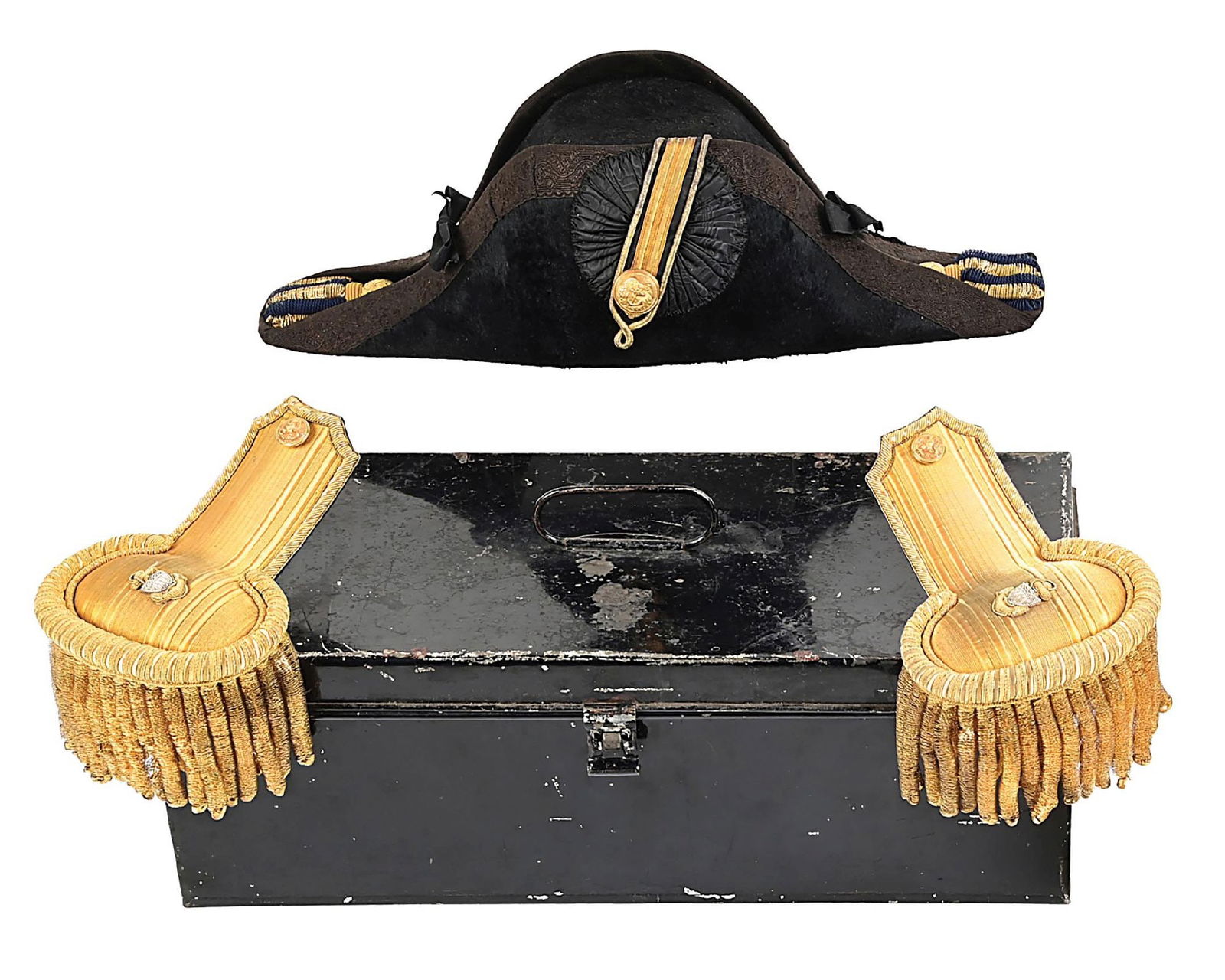 CASED PAIR OF REVENUE CUTTER SERVICE EPAULETTES AND HAT.: Circa 1900-1910 cased set of Revenue Cutter Service officer full dress epaulettes and cocked hat in full length japanned tin carrying case. Set made by Herbert & Co. of London. no bug damage or major