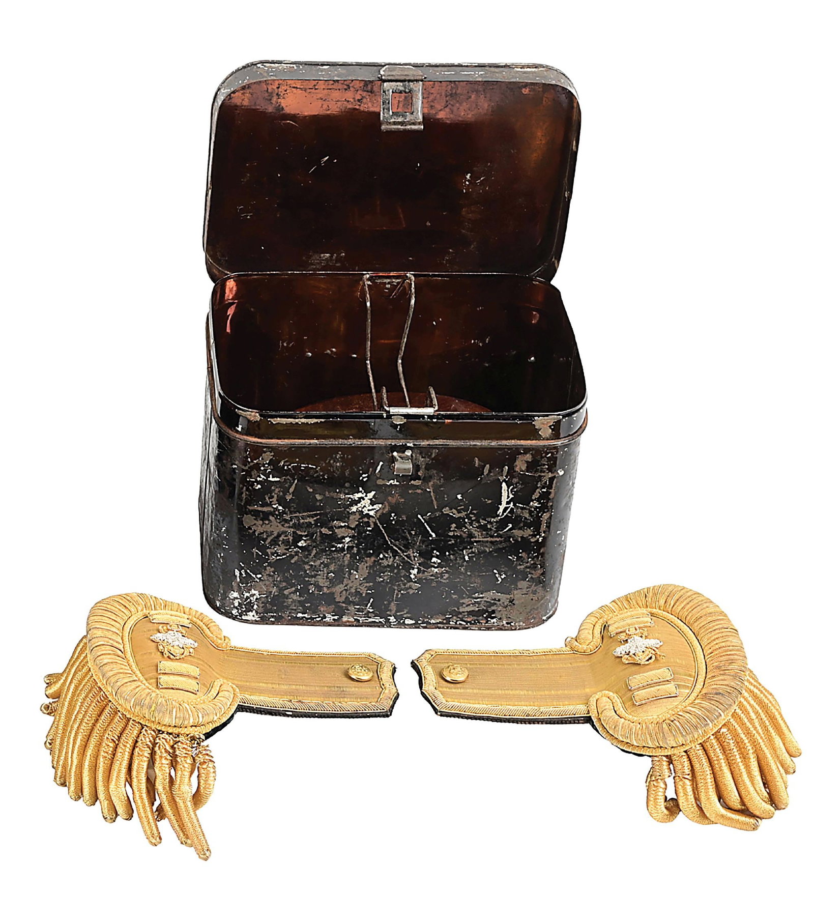 CASED PAIR OF REVENUE CUTTER SERVICE ENGINEER OFFICER EPAULETTES.: Cased set of Revenue Cutter service engineer officer's (1st lieutenant) full dress epaulettes in a japanned tin case. Extremely fine gold bullion engineer insignia adorns the epaulettes with anchors d