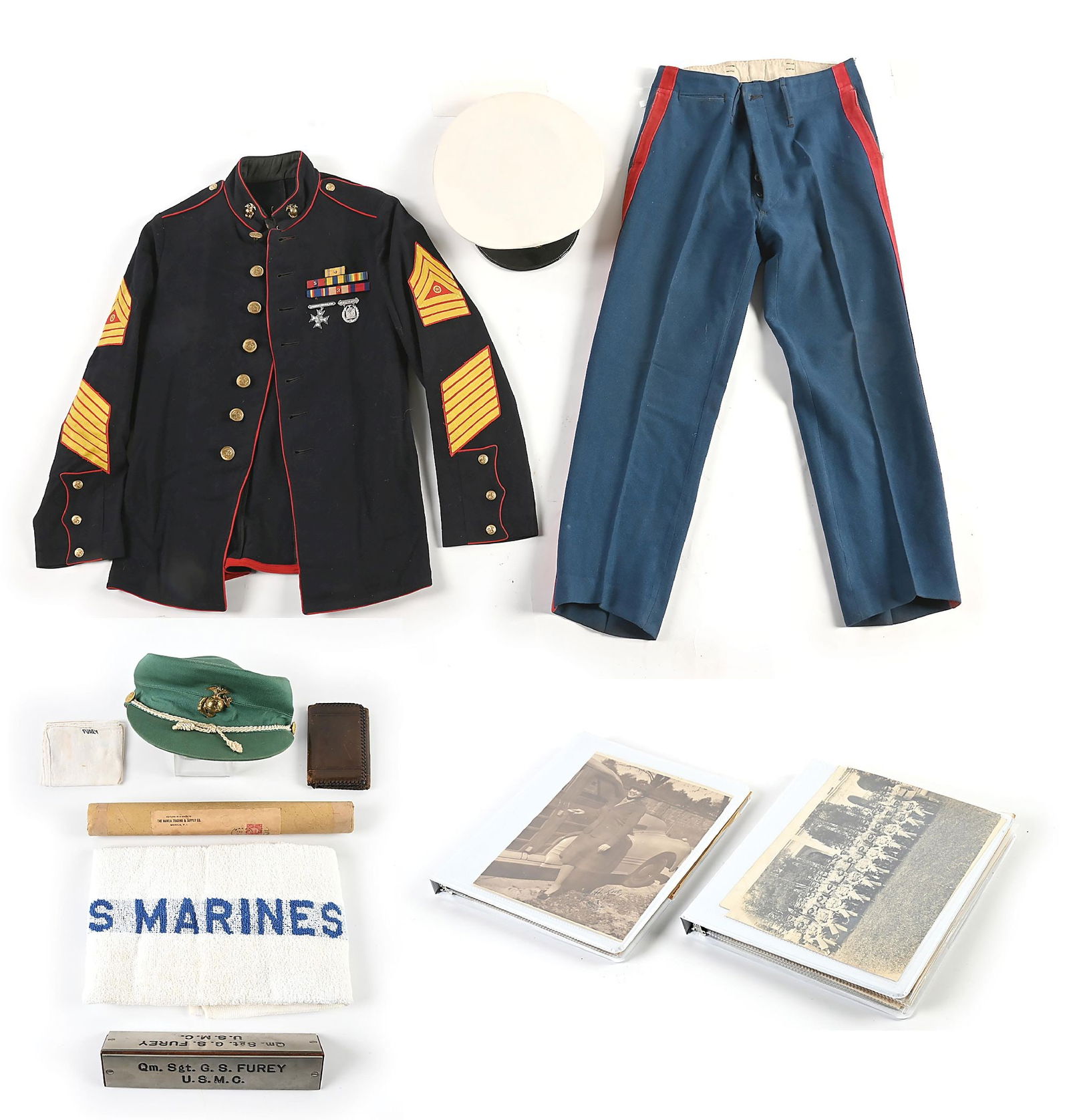 ID'D 1930S USMC SUPPLY SERGEANT DRESS BLUES WITH HAT FAMILY GROUPING.: Family career groupings of Marine Corps pre-War father and WWII daughter. Highlight of the group is a very clean example of a "China Marine" era pre-WWII USMC dress blues uniform of George S. Furey, a