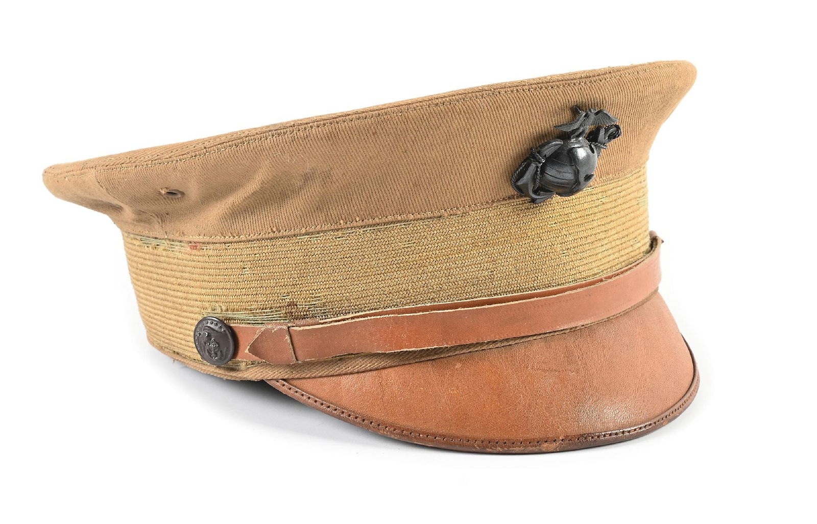 ID'D US WWI MARINE CORPS OFFICER'S SUMMER COVER.: P1917 pattern Marine officer company grade summer cap. Correct to regulations with wicker construction, thin russet leather sweatband and green leatherette lining under the bill. Named inside with ink