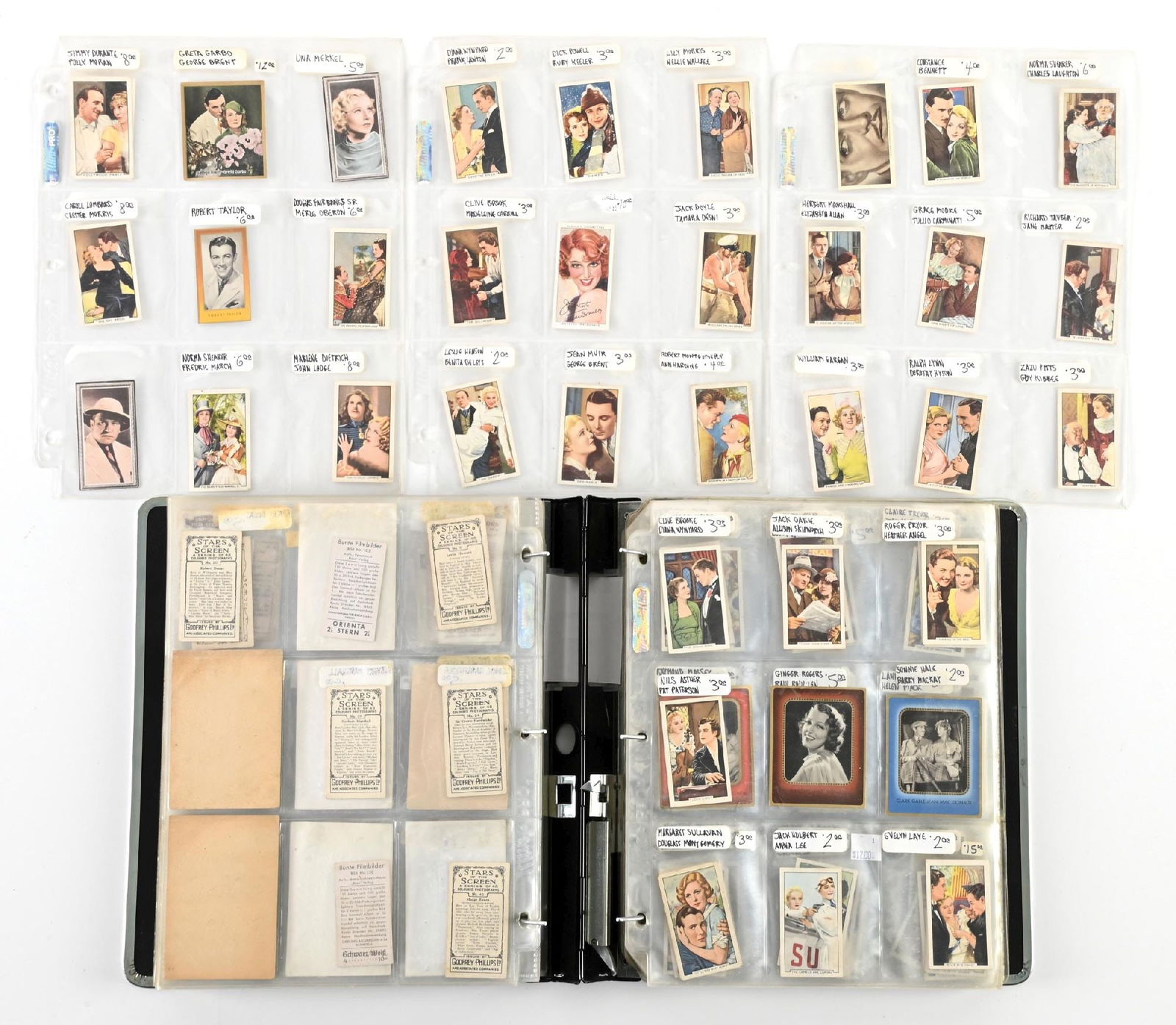 BINDER WITH: VARIOUS VINTAGE MOVIE STARS CIGARETTE CARDS: BINDER WITH: VARIOUS VINTAGE MOVIE STARS CIGARETTE CARDS Condition: (Excellent) Dimensions: Album: 10 - 3/8" x 2 - 1/4" x 11 - 1/2".