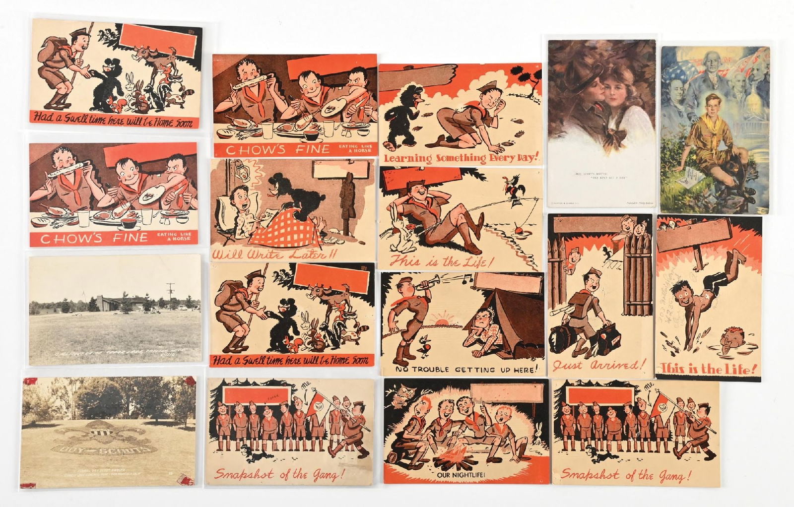 LOT OF 17: VINTAGE BOY SCOUTS THEMED POSTCARDS: LOT OF 17: VINTAGE BOY SCOUTS THEMED POSTCARDS Condition: (Excellent) Dimensions: Each: 5 - 1/2" x 3 - 1/2".