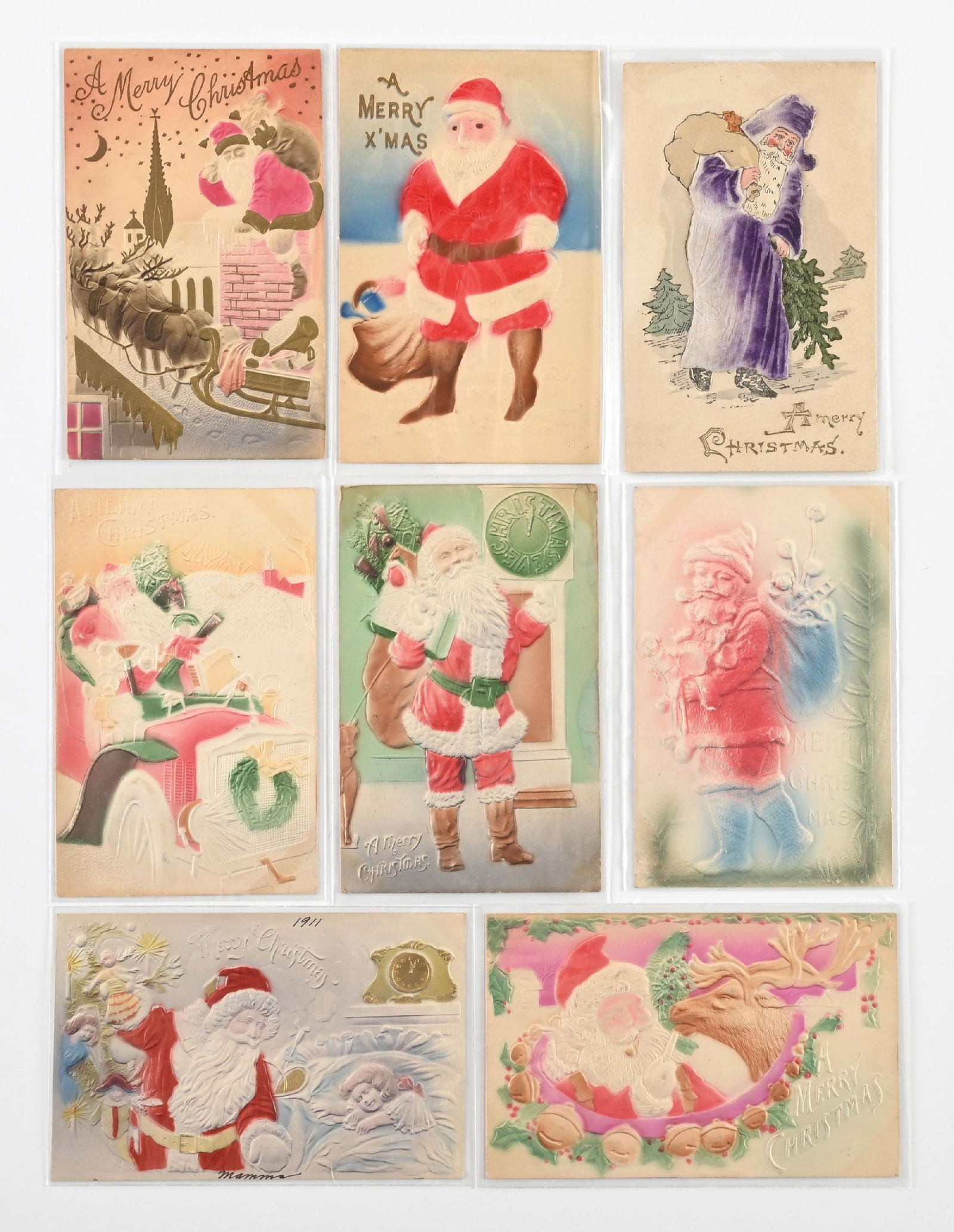 LOT OF 8: VINTAGE EMBOSSED CHRISTMAS POSTCARDS: LOT OF 8: VINTAGE EMBOSSED CHRISTMAS POSTCARDS Condition: (Excellent) Dimensions: Each: 5 - 1/2" x 3 - 1/2".