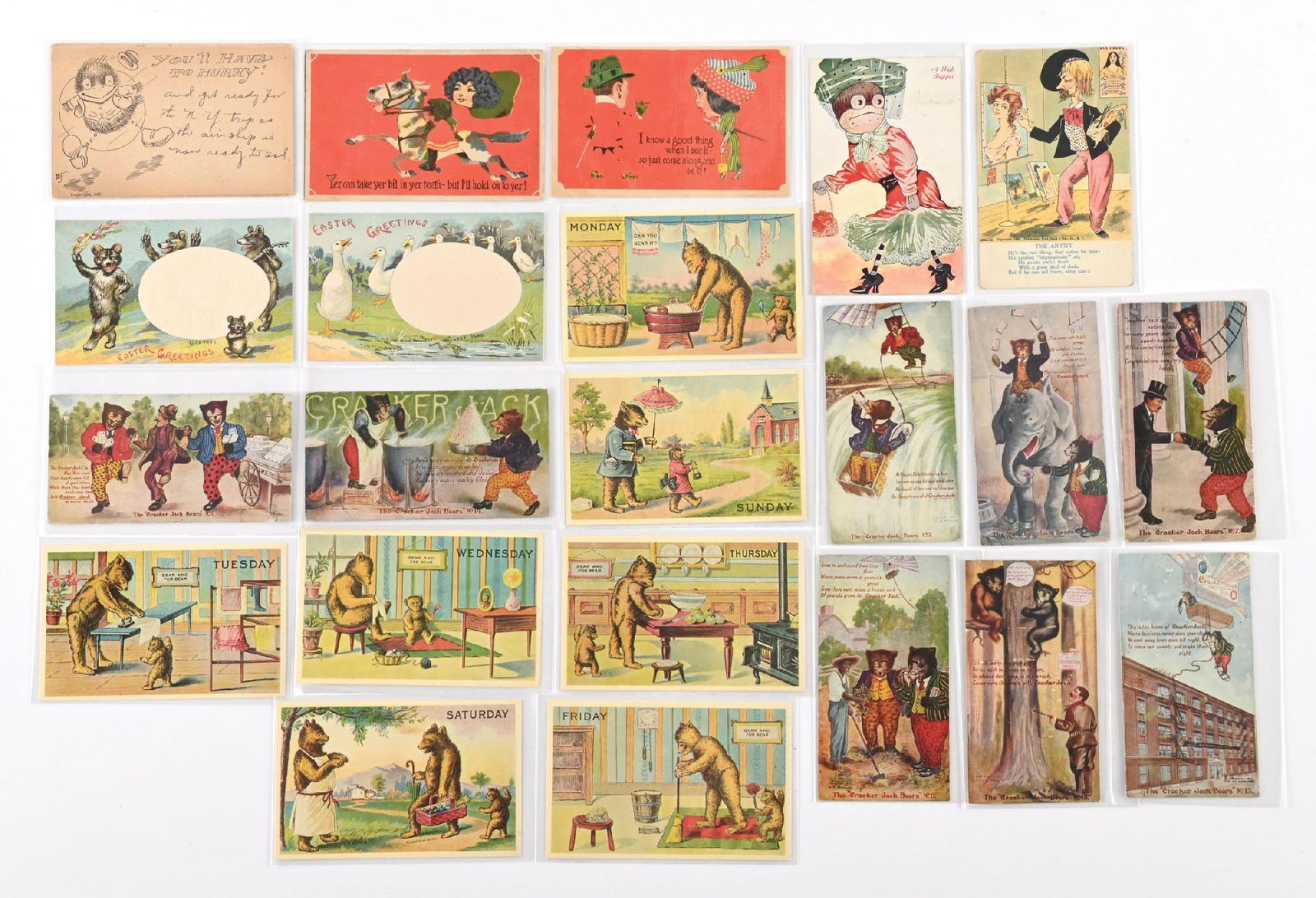 LARGE LOT OF: VINTAGE DRESSED AND CRACKER JACK BEARS POSTCARDS: LARGE LOT OF: VINTAGE DRESSED AND CRACKER JACK BEARS POSTCARDS Condition: (Excellent) Dimensions: Each: 5 - 1/2" x 3 - 1/2".