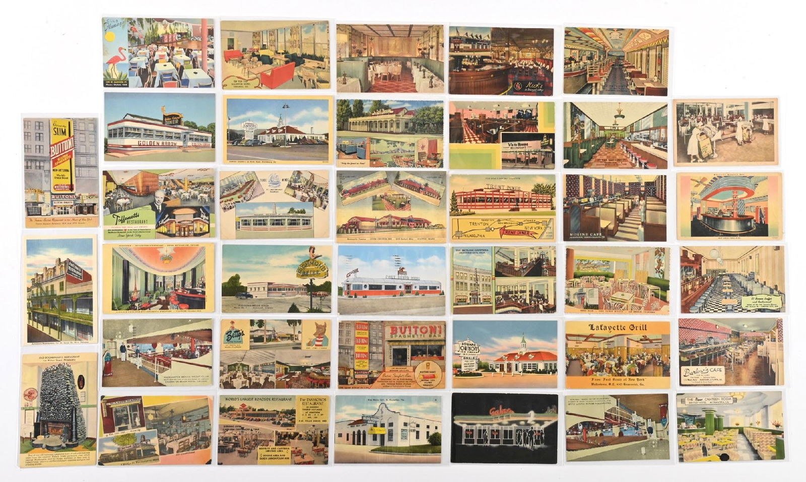 LARGE LOT OF: VARIOUS VINTAGE BUFFET AND RESTAURANT INTERIOR & EXTERIOR POSTCARDS: LARGE LOT OF: VARIOUS VINTAGE BUFFET AND RESTAURANT INTERIOR & EXTERIOR POSTCARDS Condition: (Excellent) Dimensions: Each: 5 - 1/2" x 3 - 1/2".